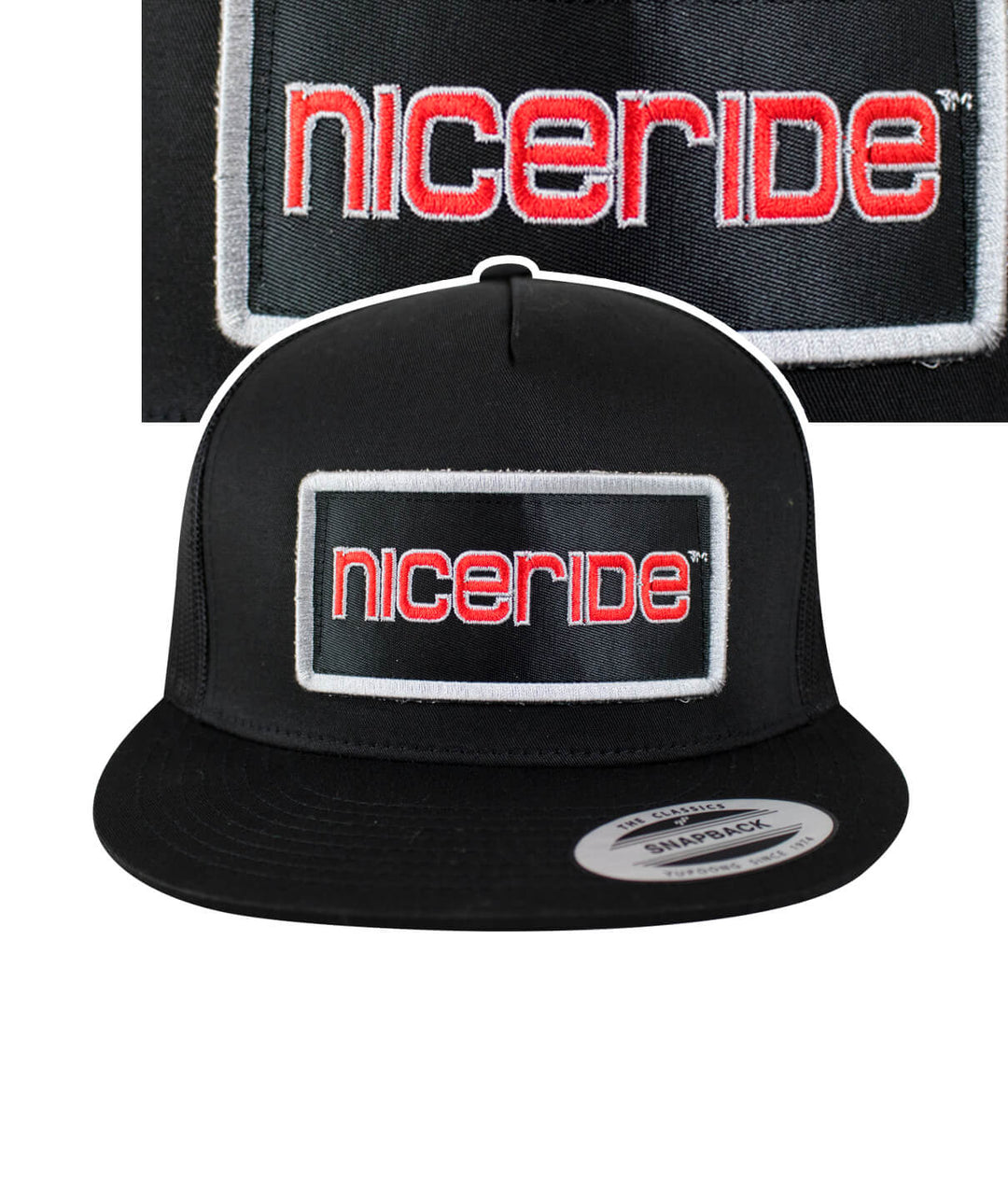 Tower Patch Trucker Hat by NICERIDE, showcasing embroidered logo on black snapback hat.