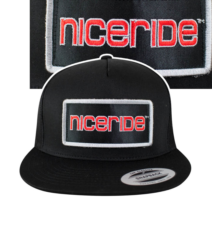 Tower Patch Trucker Hat by NICERIDE, showcasing embroidered logo on black snapback hat.