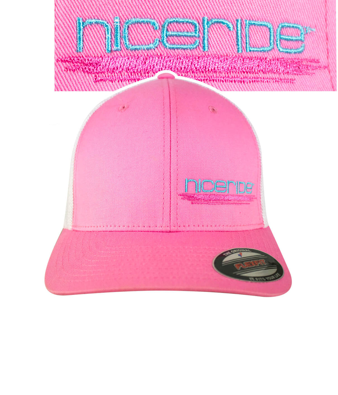 Pink Meshback Flexfit Hat featuring NICERIDE logo on the front, perfect for outdoor activities.