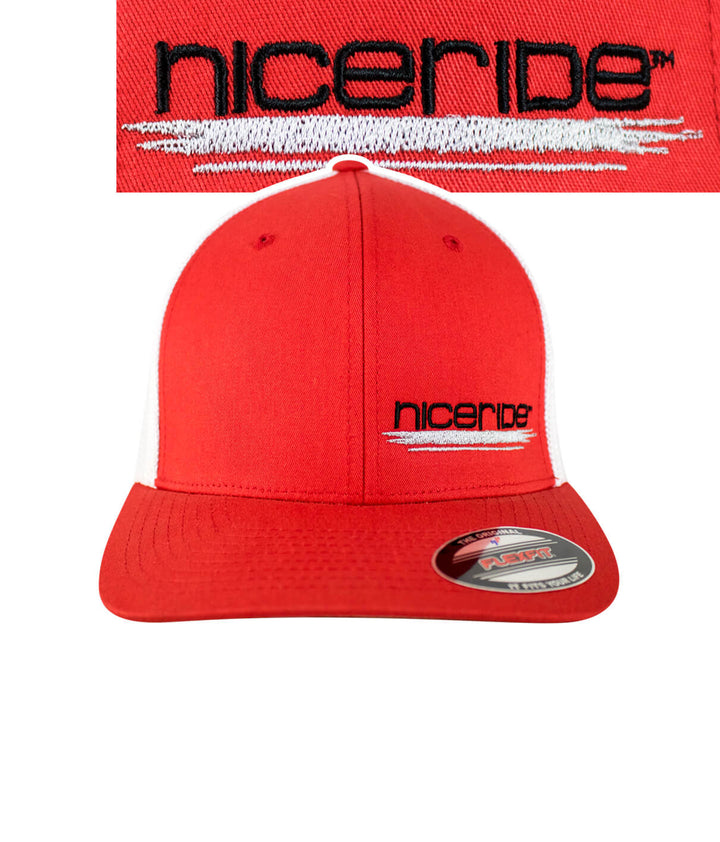 Sunrise Meshback Flexfit Hat with NICERIDE embroidered logo, red and white design, perfect for outdoor activities.