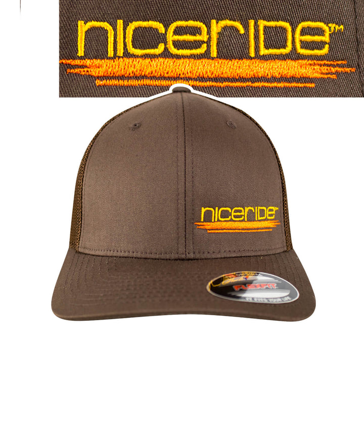 Sunrise Meshback Flexfit Hat with NICERIDE logo embroidered on front, showcasing quality design and craftsmanship.