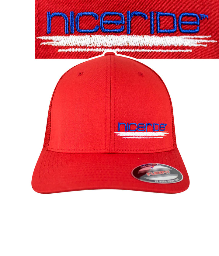Red meshback Flexfit Hat featuring NICERIDE embroidered logo in blue and white on the front.