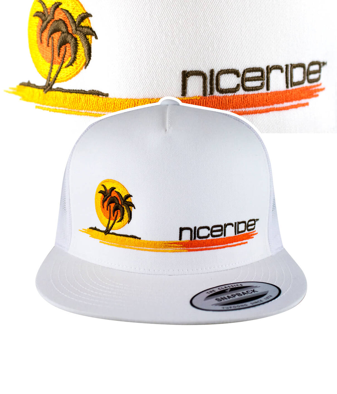 Sunset Trucker Hat featuring NICERIDE's embroidered design with palm trees and sun, perfect summer hat.