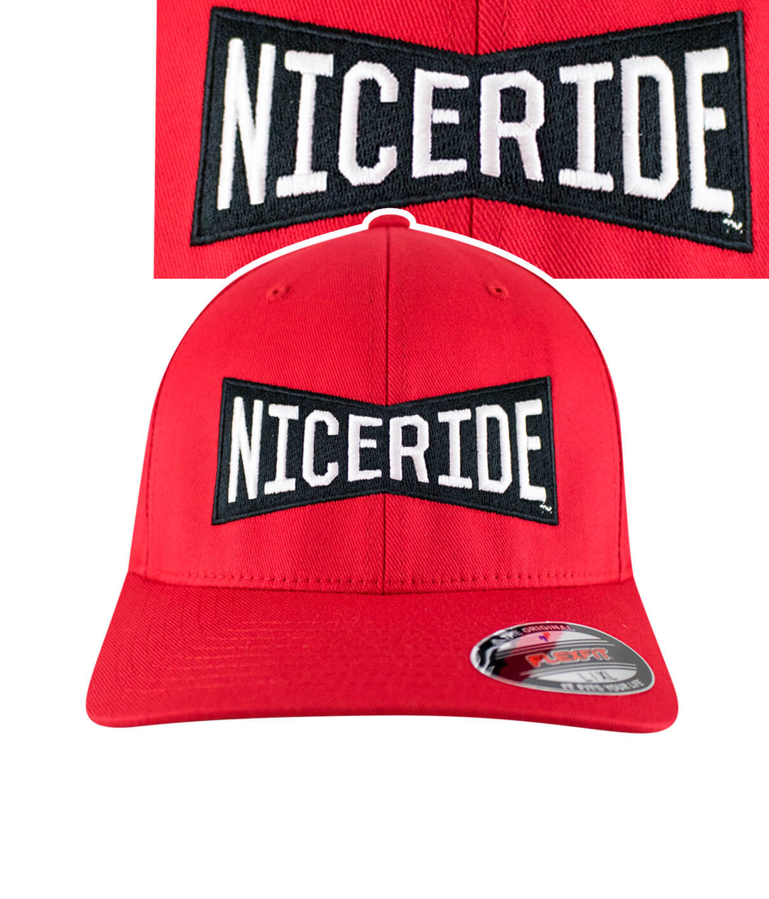 Classic Flexfit hat featuring NICERIDE logo embroidered on front panel, vibrant red color, perfect for casual wear.