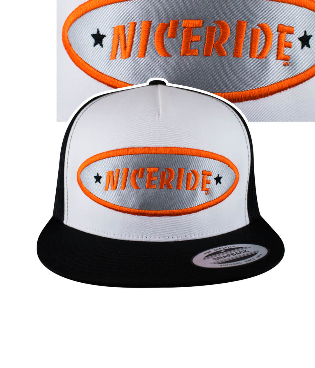 NICERIDE "Shield" Trucker Cap, a stylish baseball hat with embroidered logo.