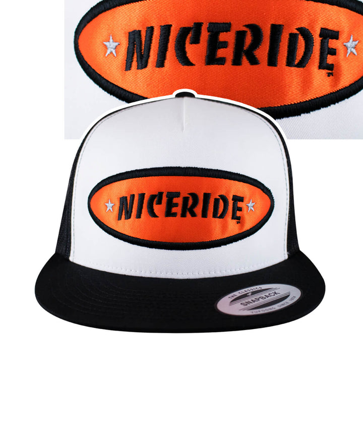 NICERIDE Shield Trucker Cap, Classic snapback hat with embroidered patch, designed and shipped in the USA.