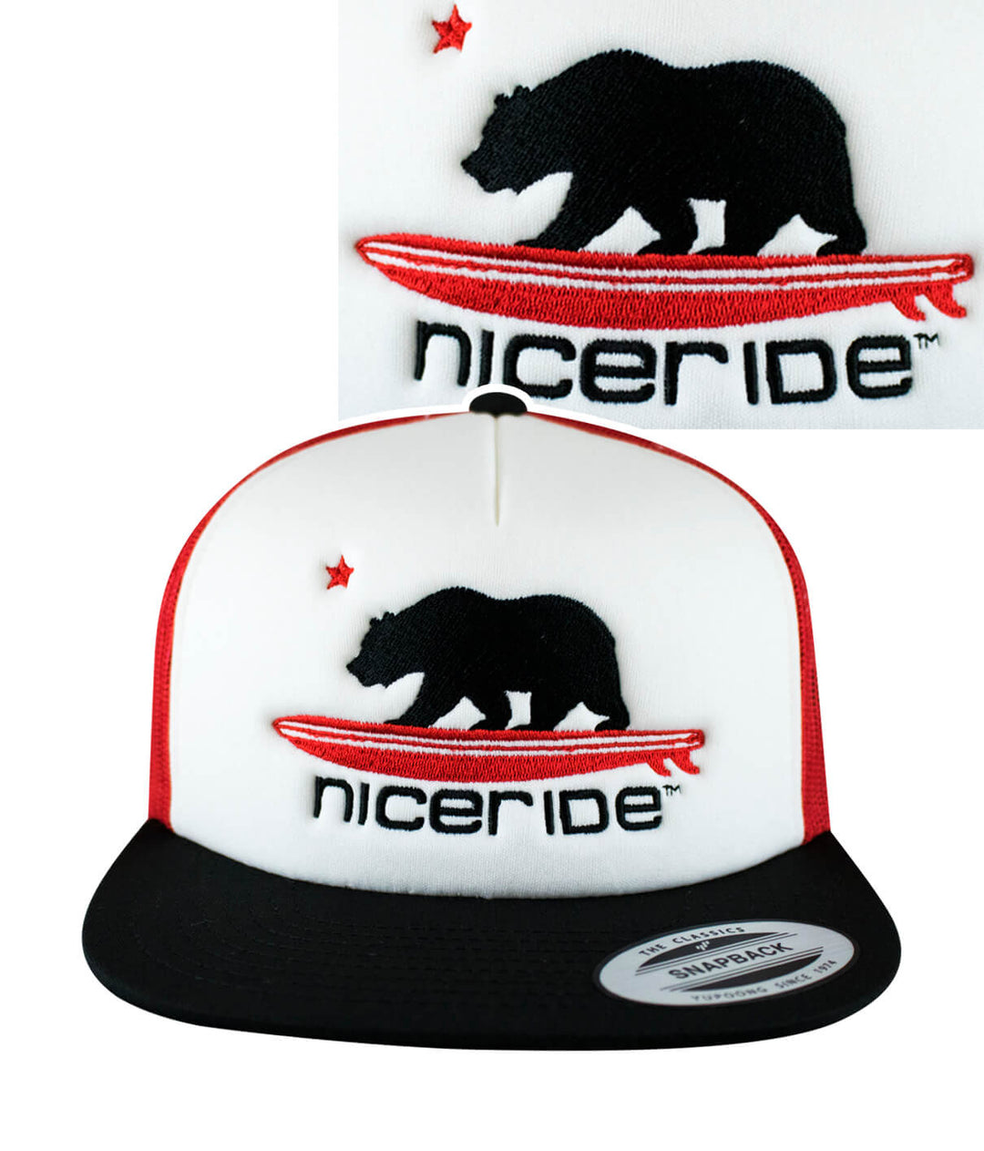 Hat featuring NICERIDE embroidered design with bear and surfboard, showcasing a flat bill foam trucker construction.