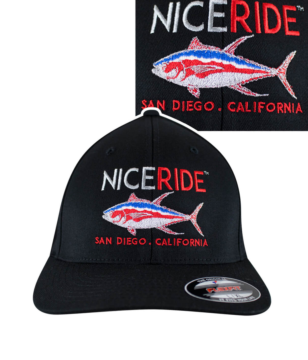 Black Classic Flexfit hat featuring NICERIDE embroidered design, perfect stylish accessory for outdoor adventures.