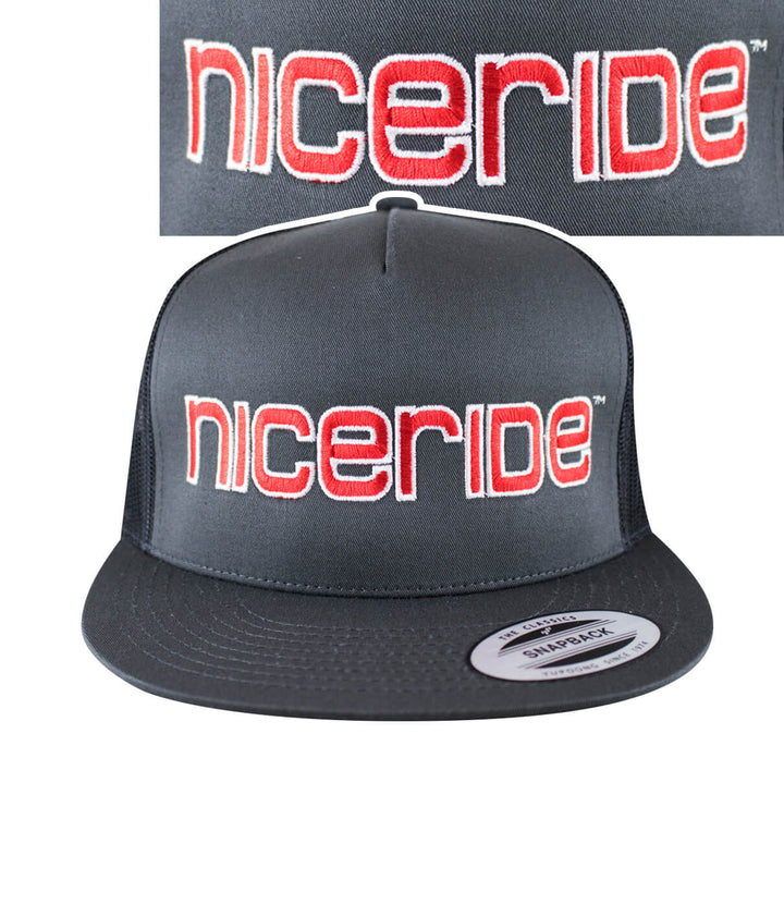 Bold Tower Charcoal Trucker Hat by NICERIDE, featuring embroidered logo, classic snapback style, ideal hat for casual wear.