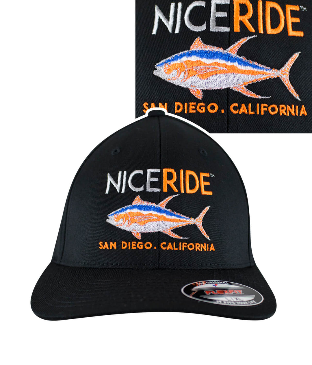 A black cap with a fish embroidered on it.