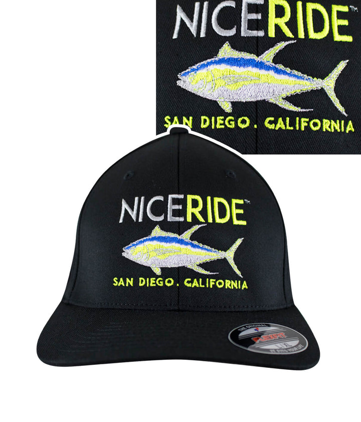 Black Classic Flexfit hat featuring NICERIDE design and embroidered fish logo, perfect for any hat collection.