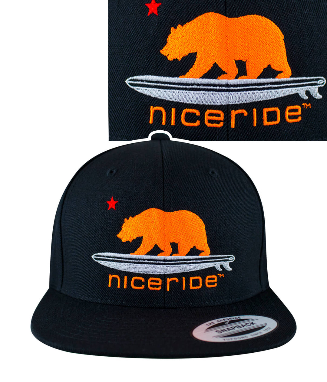 Hang 20 black snapback hat with embroidered bear and NICERIDE logo on front.