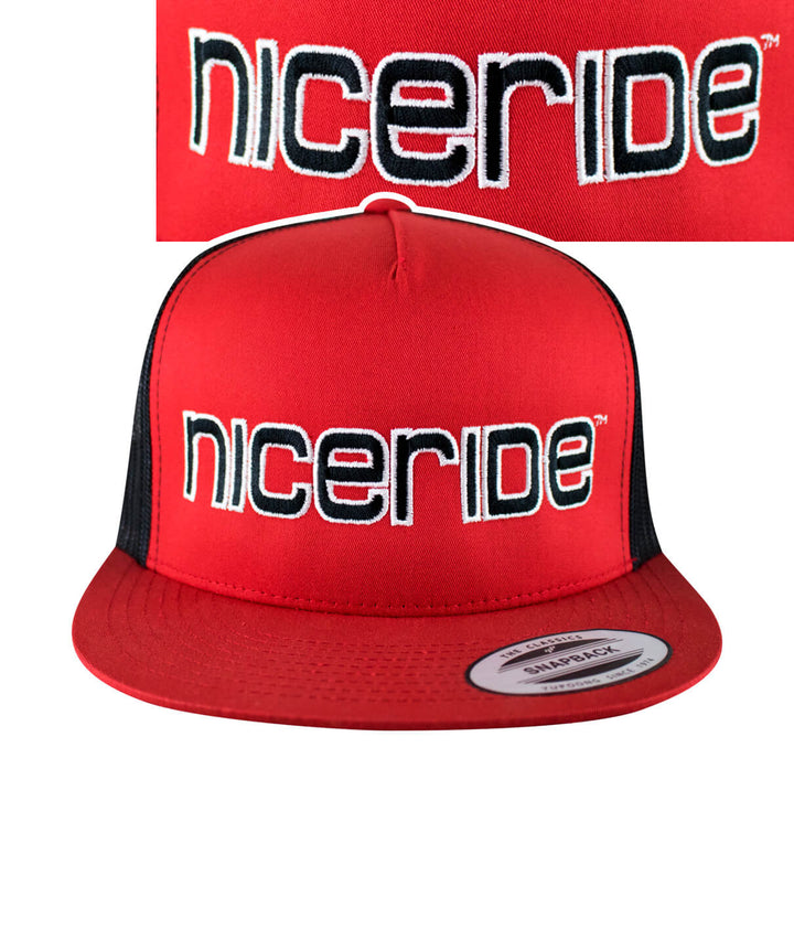 Bold Tower trucker hat featuring NICERIDE logo in red and black with snapback closure, perfect for outdoor style.