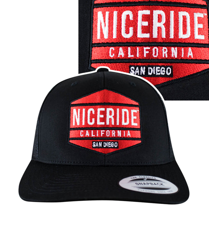 Black NICERIDE California trucker hat with red embroidered logo in front and side view.