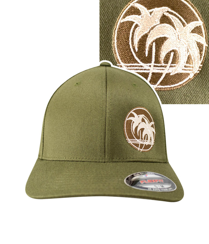 Retro Palm Classic Flexfit Hat featuring embroidered palm logo on front and NICERIDE branding on back.