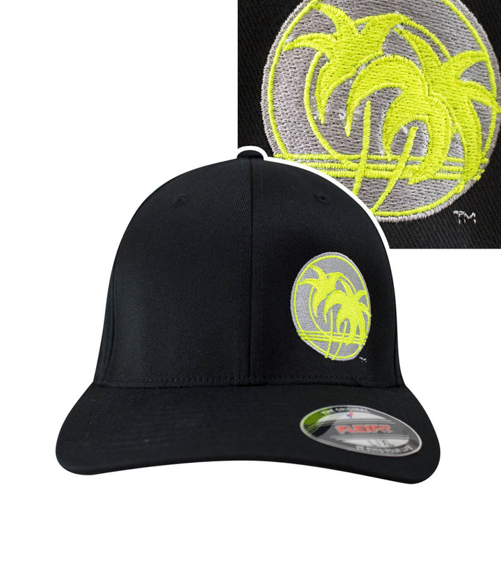 Retro Palm Classic Flexfit Hat featuring embroidered palm logo on black background.