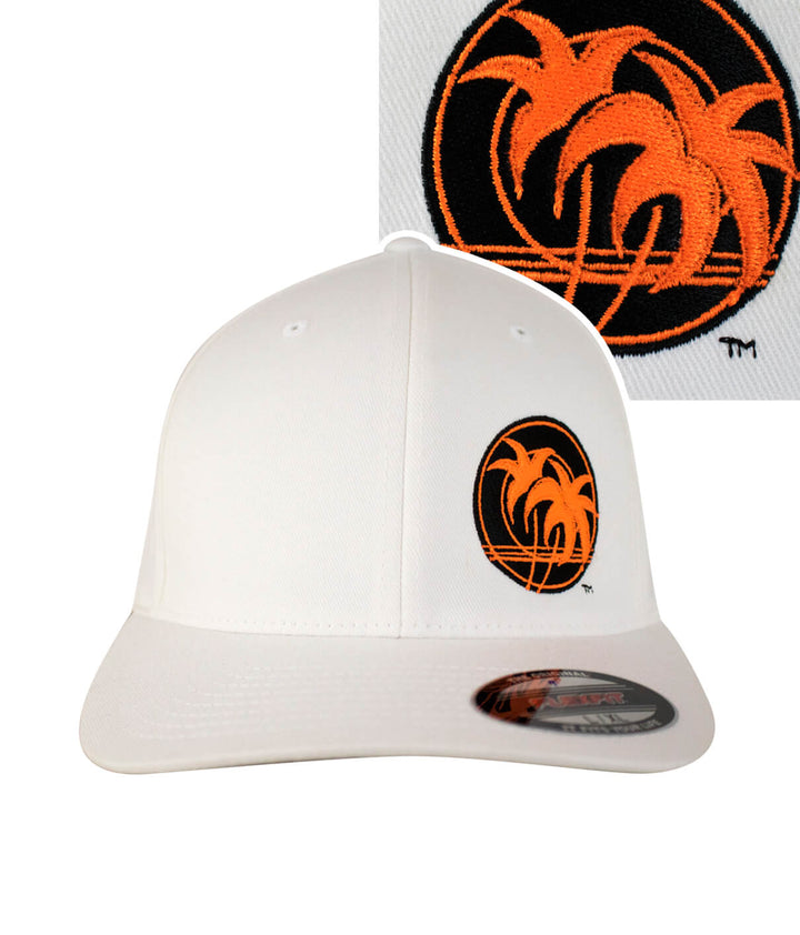 Retro Palm Classic Flexfit Hat featuring embroidered logo on white base, perfect summer accessory hat.