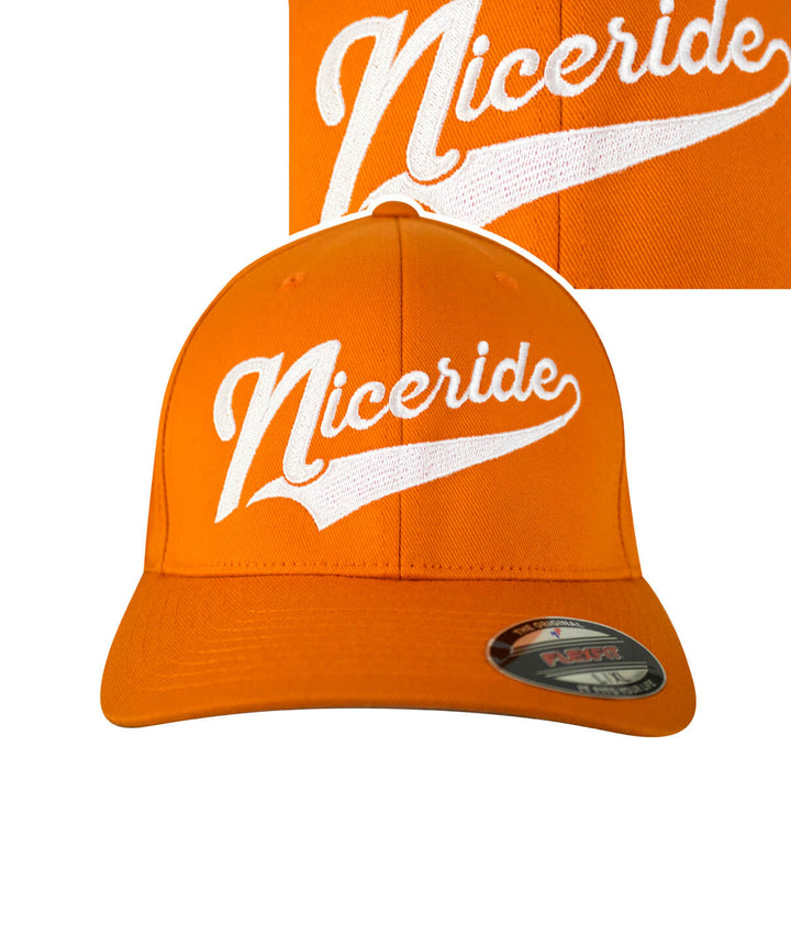 Play Ball Classic Flexfit Hat featuring NICERIDE logo in white on an orange cap.