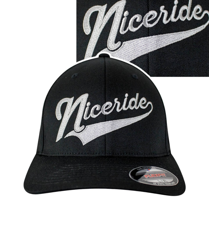 Black cap featuring NICERIDE logo, a stylish hat perfect for casual wear and sports.