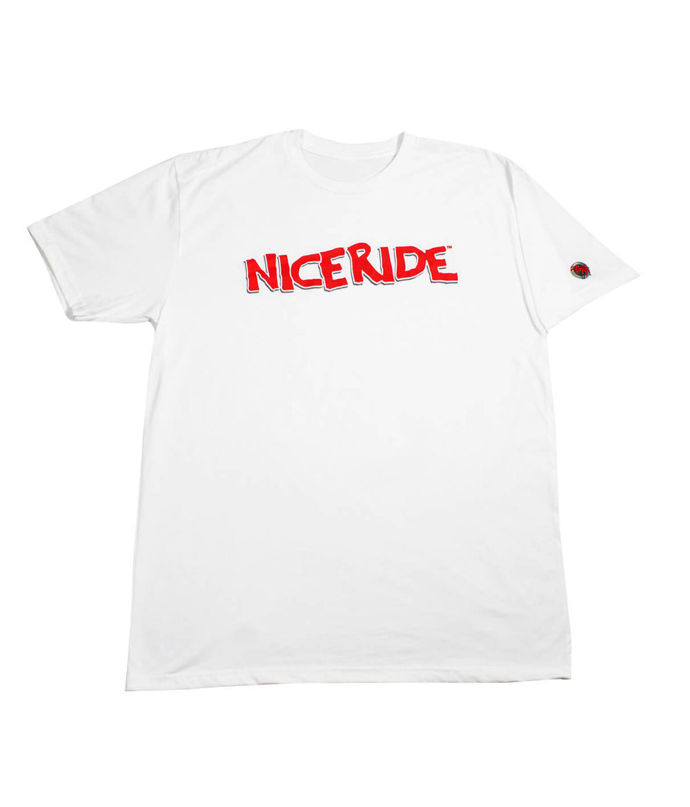 Bed Rock - White Next Level Men's Cotton Blend Short Sleeve T-Shirt featuring NICERIDE logo, includes hat.