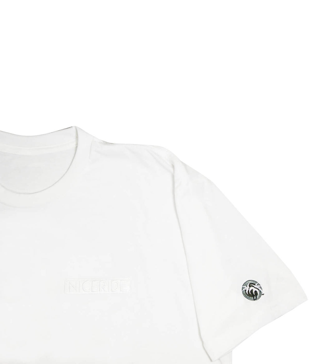 N-R Palm - White Next Level Men's Cotton Blend Short Sleeve T-Shirt featuring NICERIDE logo on chest and sleeve.
