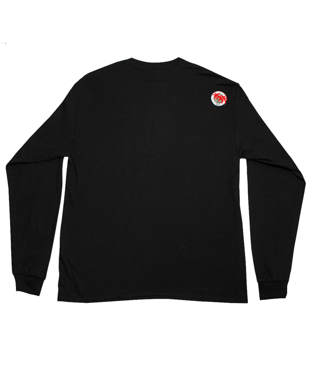 Back view of the Bed Rock men's black cotton long sleeve shirt featuring a classic palm logo embroidered on the upper left.