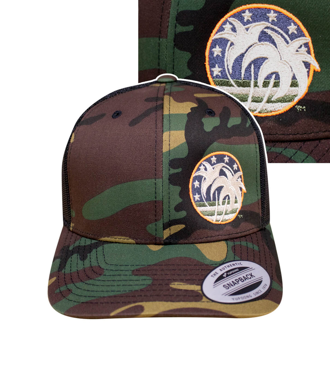 Spirit of 76 camo hat featuring palm trees and stars, perfect for retro style lovers.