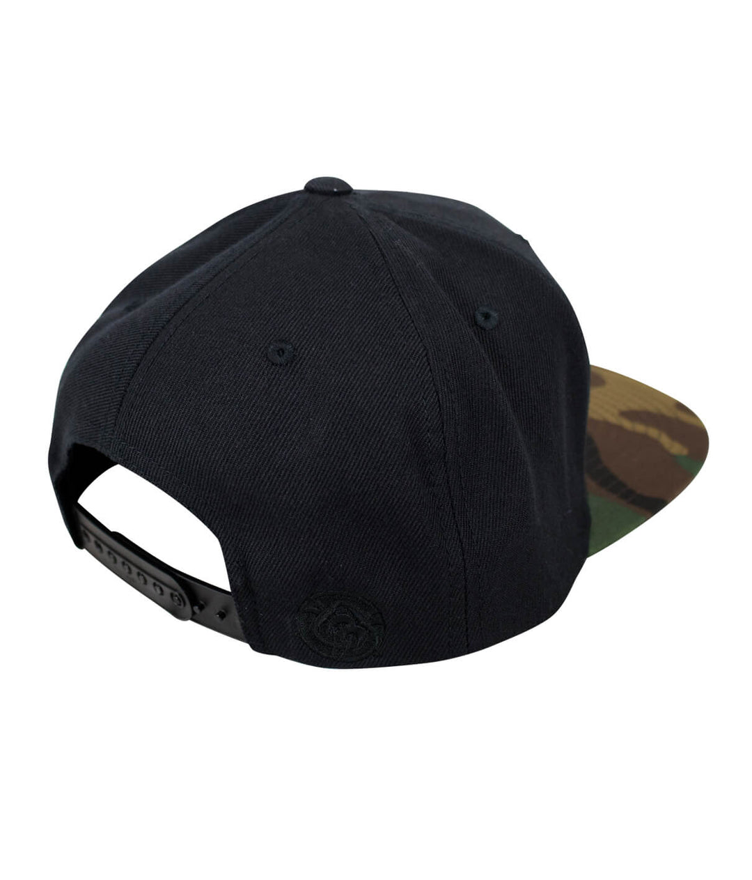 Back view of NICERIDE Strong black snapback hat featuring black and camo design.