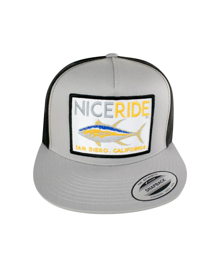 NICE RIDE snapback hat with embroidered logo in gray, showcasing a unique design perfect for casual wear.