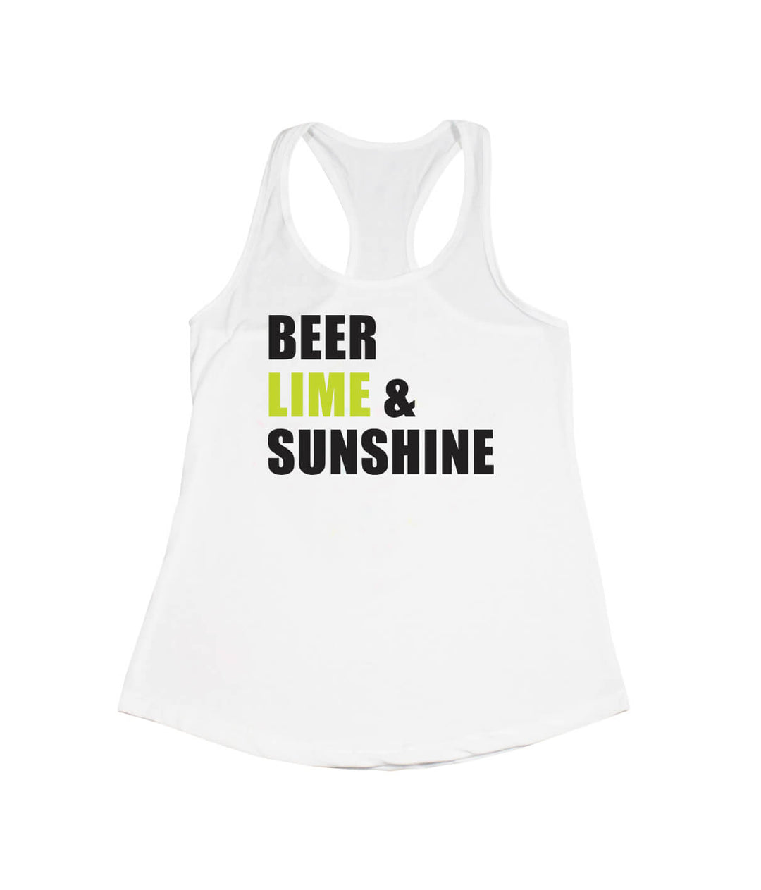 Beer, Lime &amp; Sunshine design on a white tank top for women, comfortable fit, perfect for sunny days.