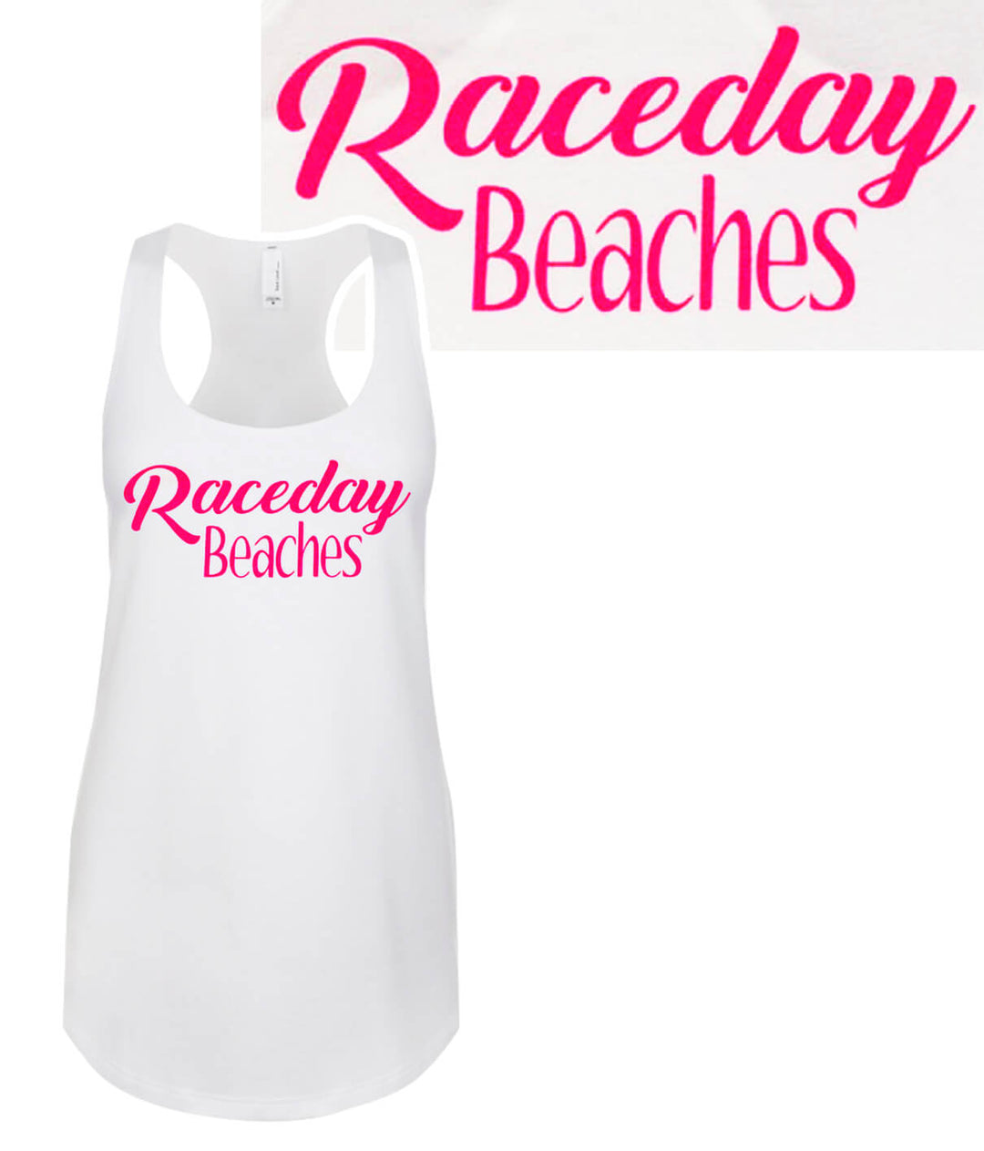 Raceday Beaches Next Level Women's Racerback Tank Top featuring soft fabric and vibrant pink print.