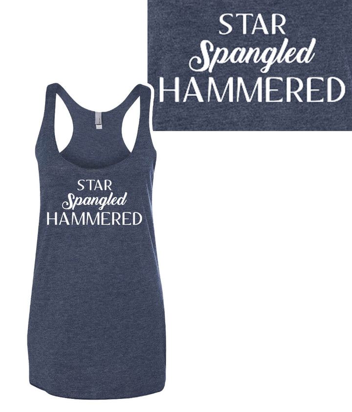 Star Spangled Hammered blue tank top for women with racerback design and soft fabric, ideal for summer.