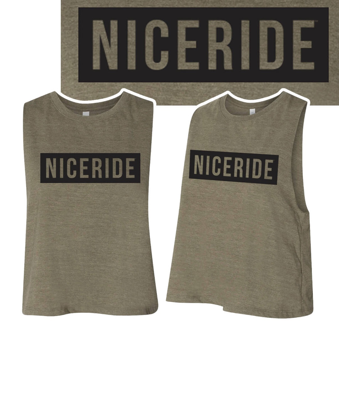 Influencer Next Level racerback cropped tank top in olive green with NICERIDE logo on front and back.