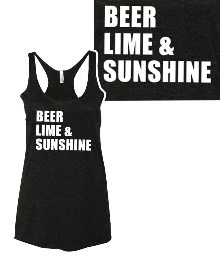 Beer, Lime &amp; Sunshine tank top featuring a vintage design and racerback style for women.
