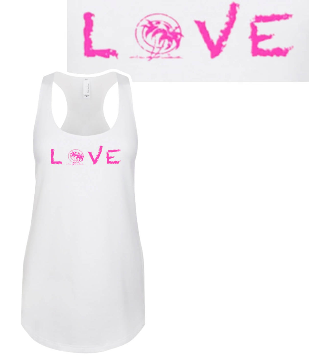 Palm Beach tank top featuring pink "LOVE" logo, women's racerback design, soft and comfortable fabric.