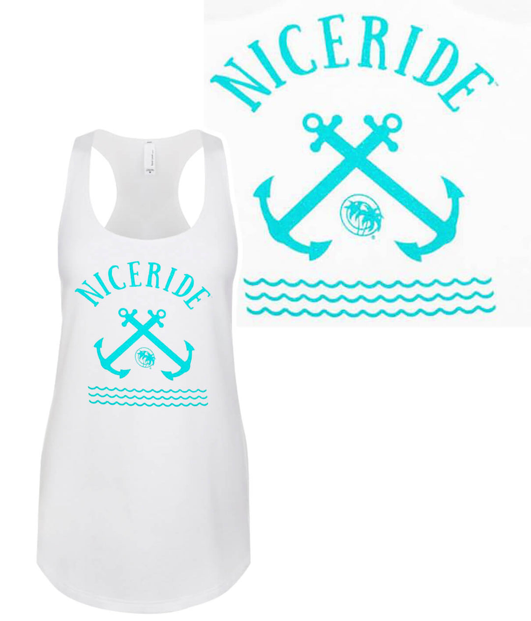 Dana Point - White Next Level Women's Racerback Tank Top featuring NICERIDE design with anchors and waves.
