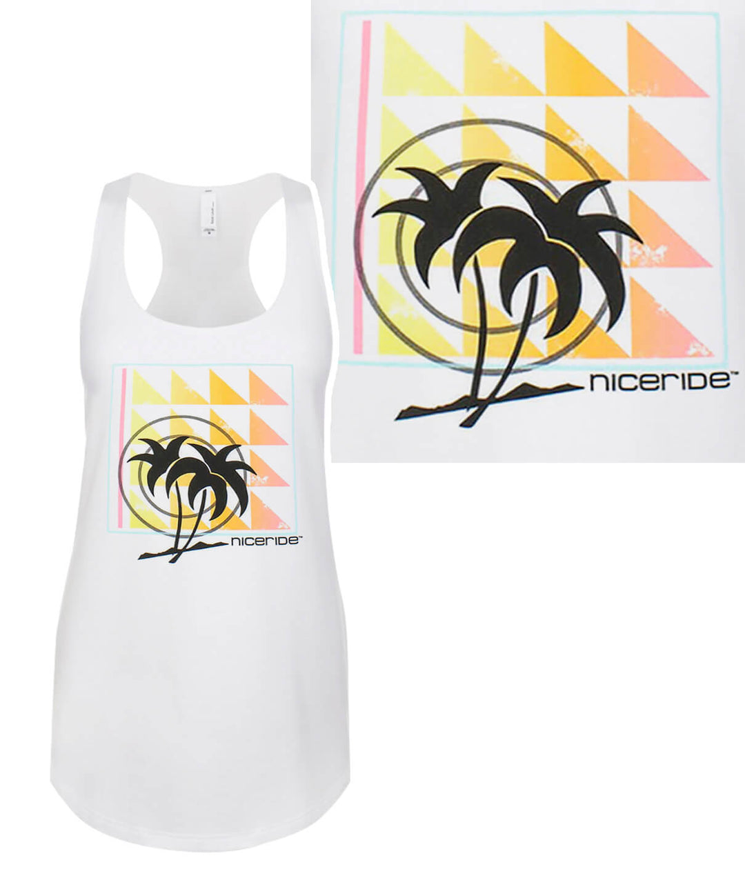 Valley Girl white tank top featuring NICERIDE palm logo design and colorful triangle background.