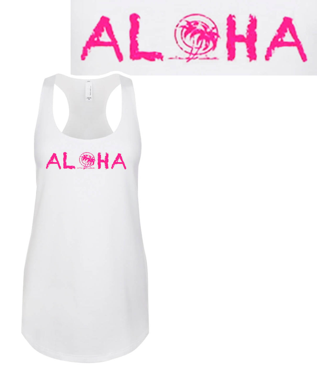 Maui white tank top featuring pink Aloha logo, women's racerback design, soft and comfortable fit.