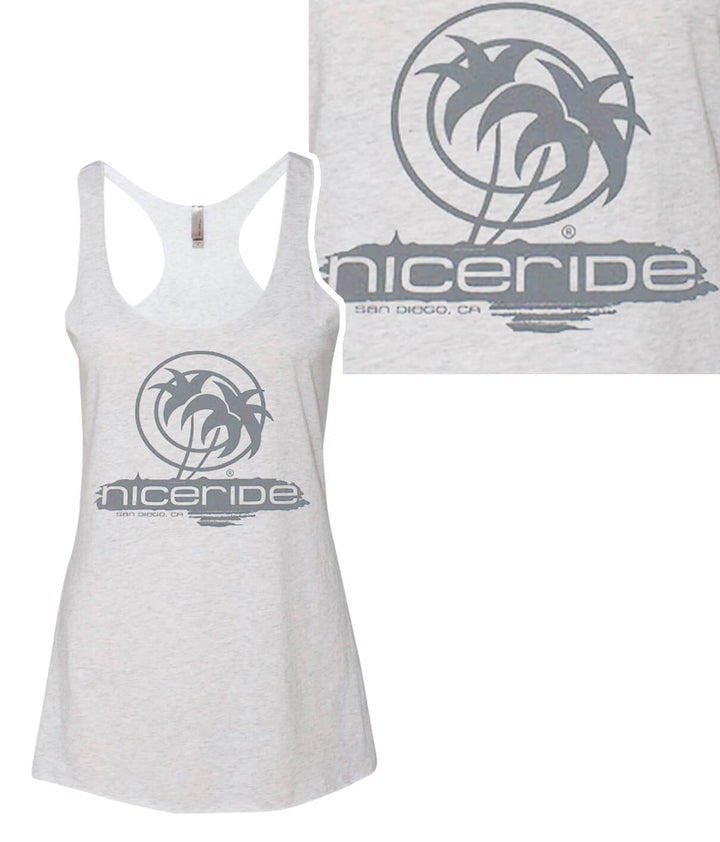 Next Level tank top for women in gray featuring NICERIDE logo and palm design, ultra-soft and comfortable fit.