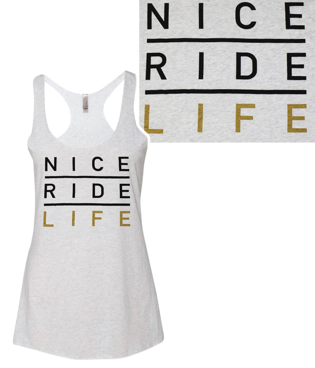 La Jolla women's tank top featuring NICERIDE design in black and gold on a soft heather fabric.