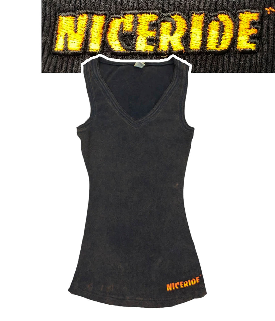 Outlaw women's black 100% cotton v-neck tank top with NICERIDE logo embroidered, perfect for summer activities.