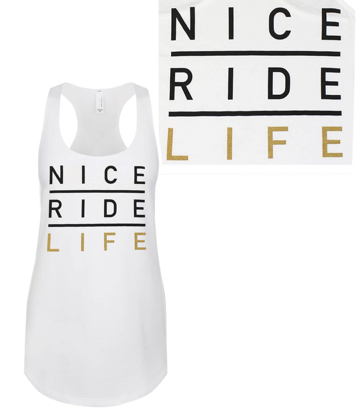 La Jolla tank top featuring NICERIDE design in black and gold, stylish women&
