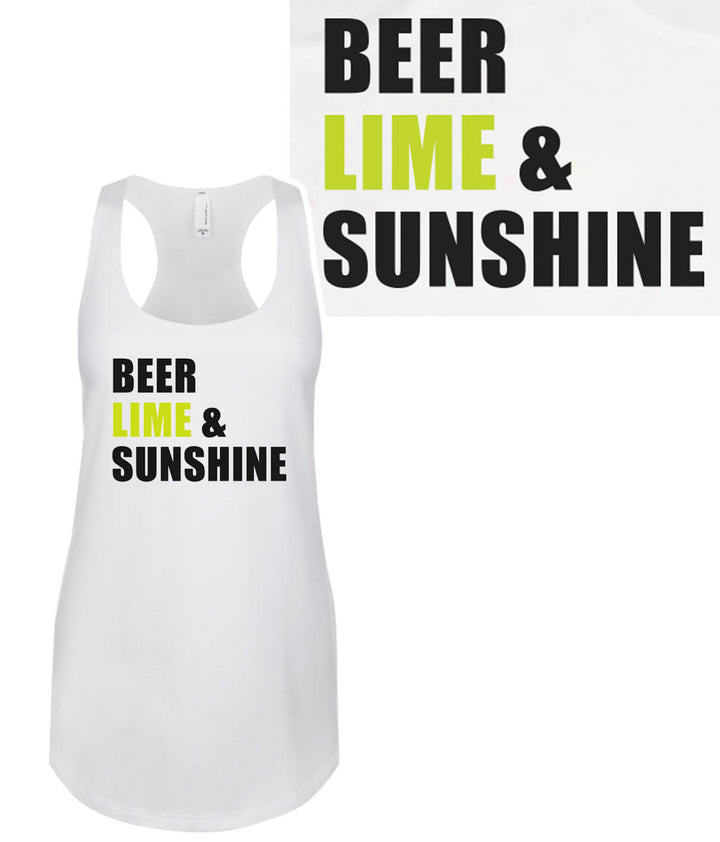 Beer, Lime &amp; Sunshine white tank top for women featuring a racerback design and bold graphic print.