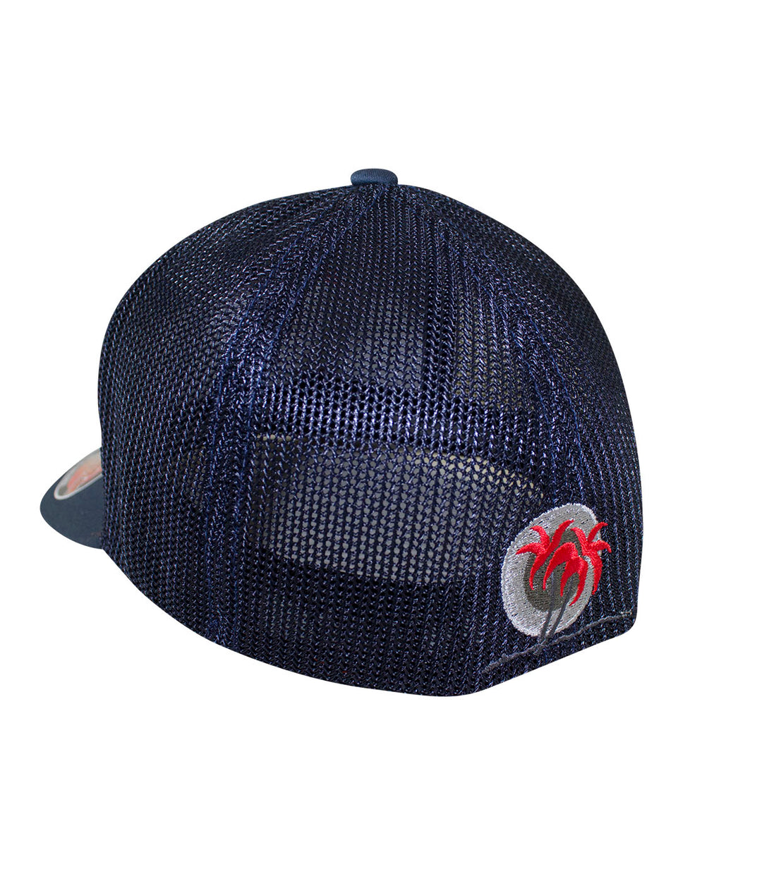 Back view of the "Hang 20" Meshback Flexfit Hat showcasing the palm logo with red leaves.