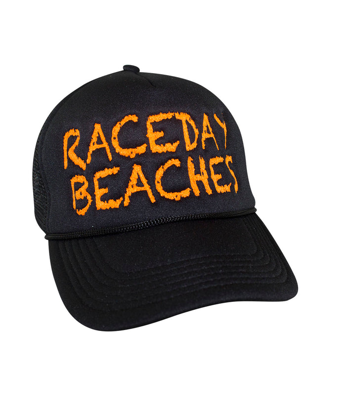 Raceday Beaches Foam Trucker Baseball Cap, black hat with orange embroidered text.
