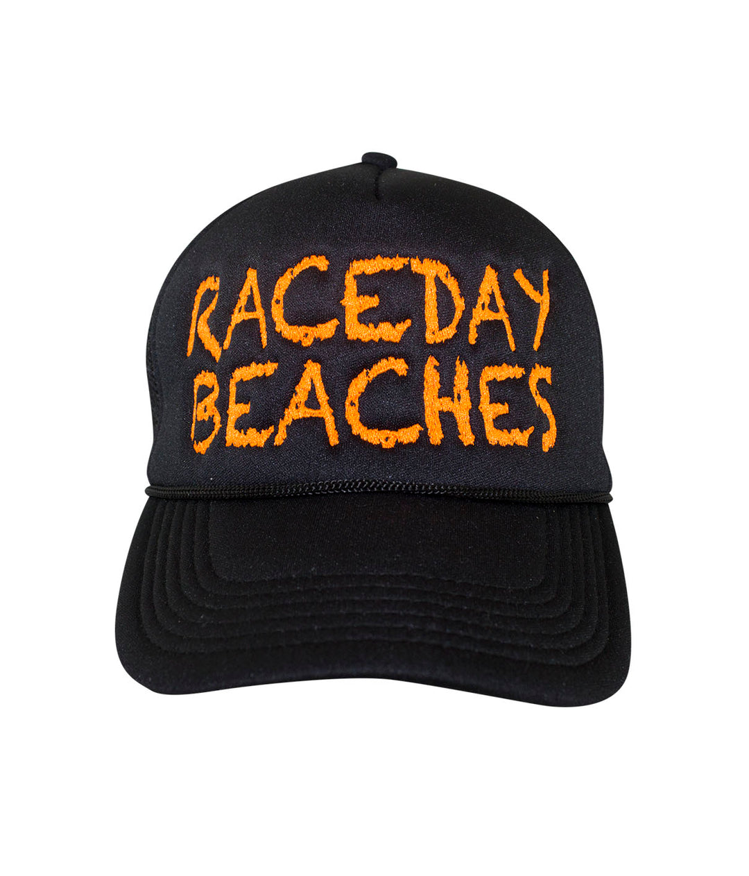 Raceday Beaches Foam Trucker Baseball Cap hat with embroidered text in orange.