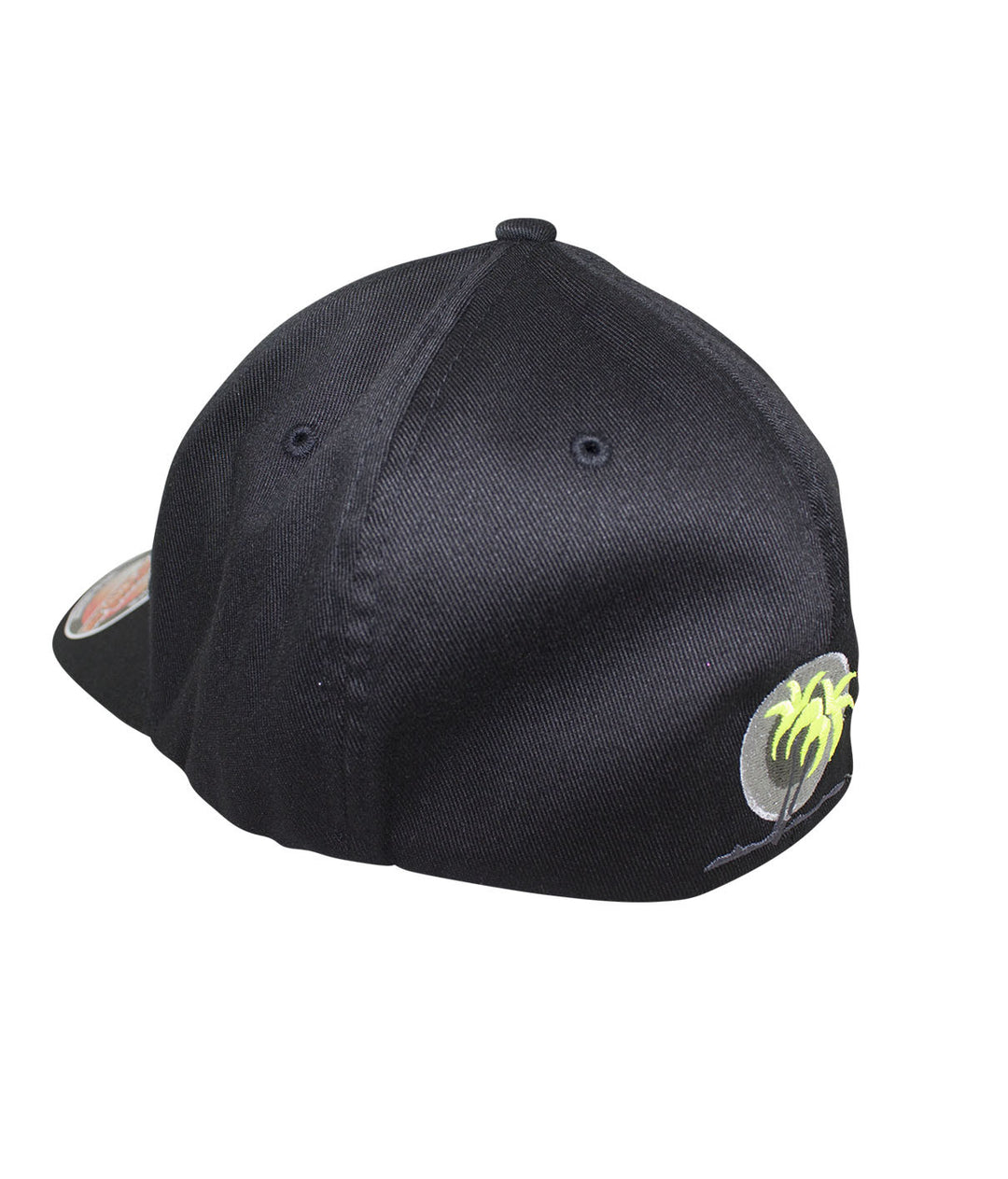 Back view of the Sorry Charlie black classic Flexfit hat featuring palm logo embroidery.