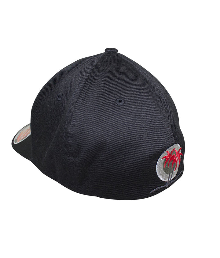 Back view of the Sorry Charlie Black Classic Flexfit Hat featuring a blacked out palm logo.