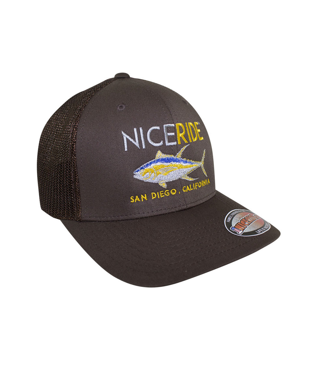 Brown Meshback Flexfit hat with NICERIDE design and palm logo, ideal for outdoor enthusiasts.