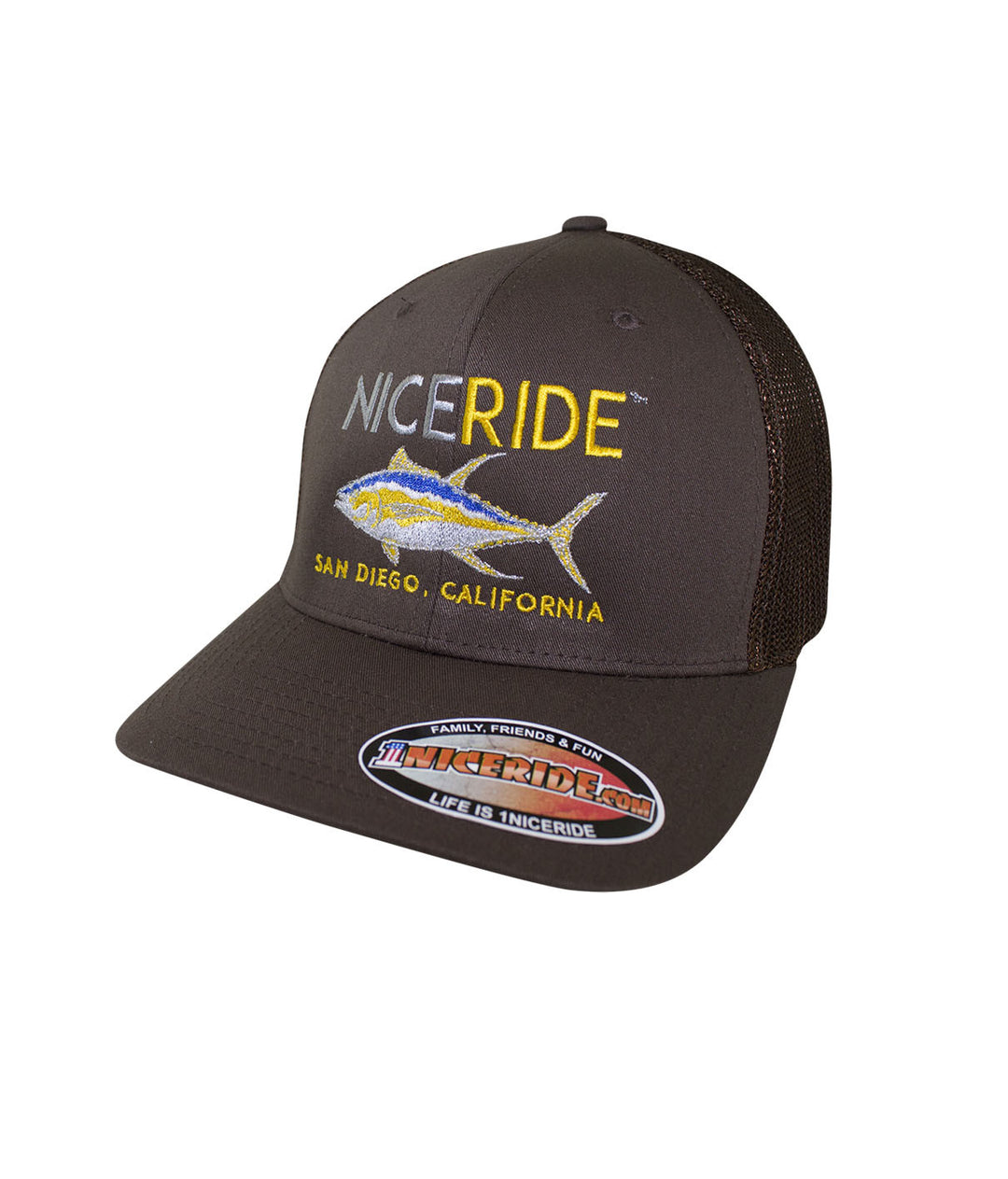 Brown Meshback Flexfit hat with NICERIDE design and palm logo, perfect for outdoor adventures.